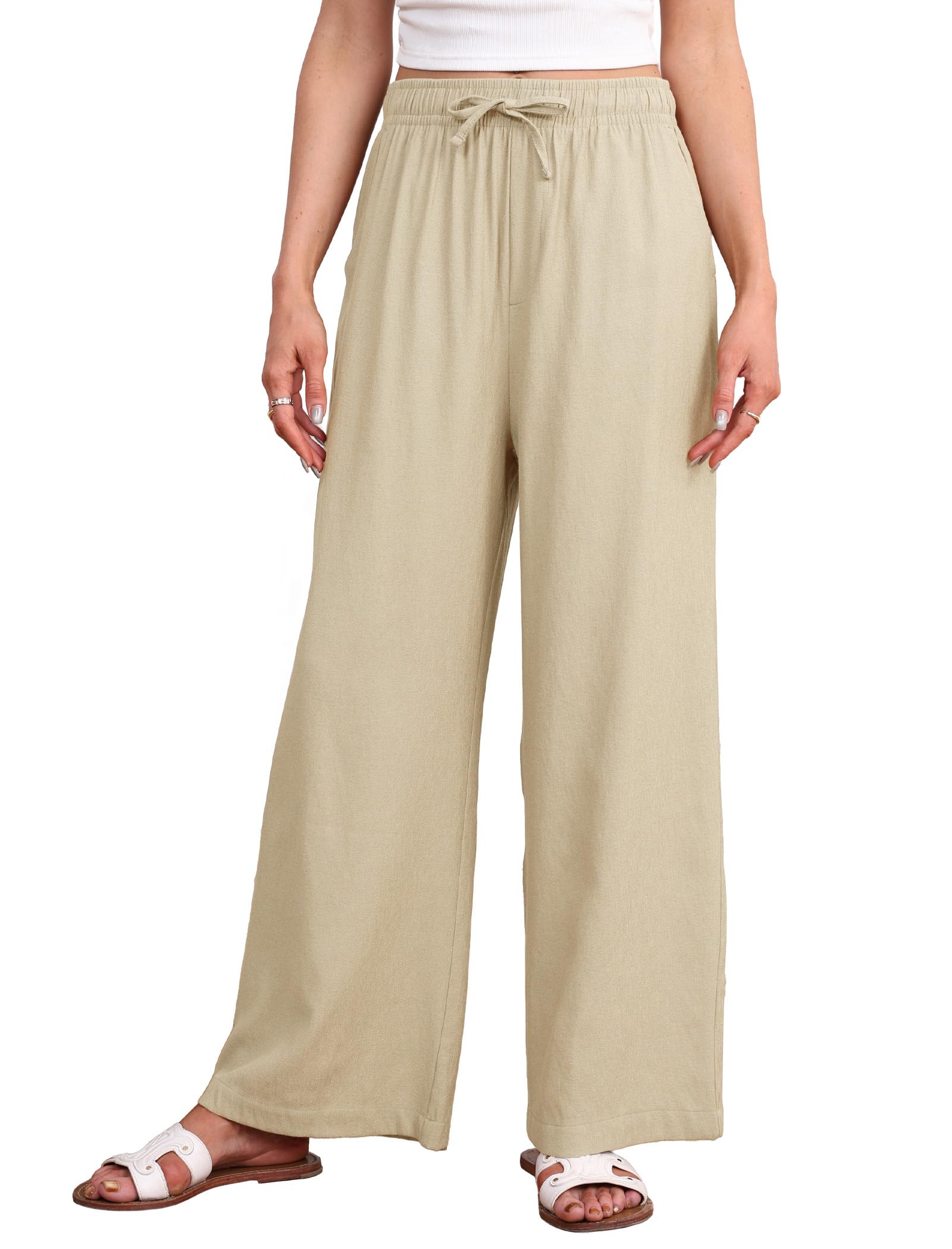Womens Linen Fall Palazzo Pants Drawstring Elastic Waist Wide Leg Lightweight Beach Casual Trousers with Pockets