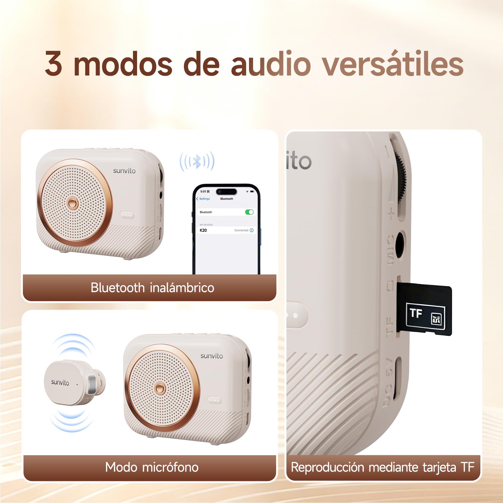 Amplificador de Voz inalámbrico para Profesores, con 2 micrófonos. | Soporta Bluetooth, tarjeta TF y modo dual, compatible con móviles y tablets para audio, música o apoyo de voz.