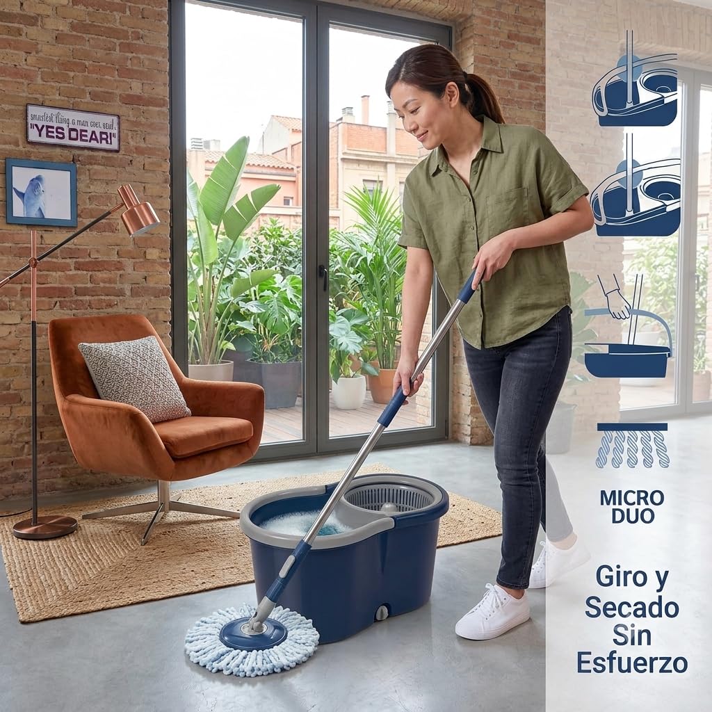 Cubo Fregona y Fregona Giratoria 360° con Escurridor Centrifugado, Mopa con Cubo Escurridor de Microfibra, Sistema de Limpieza para Parquet, Mármol, Laminado y Baldosas, 8,5-9 L