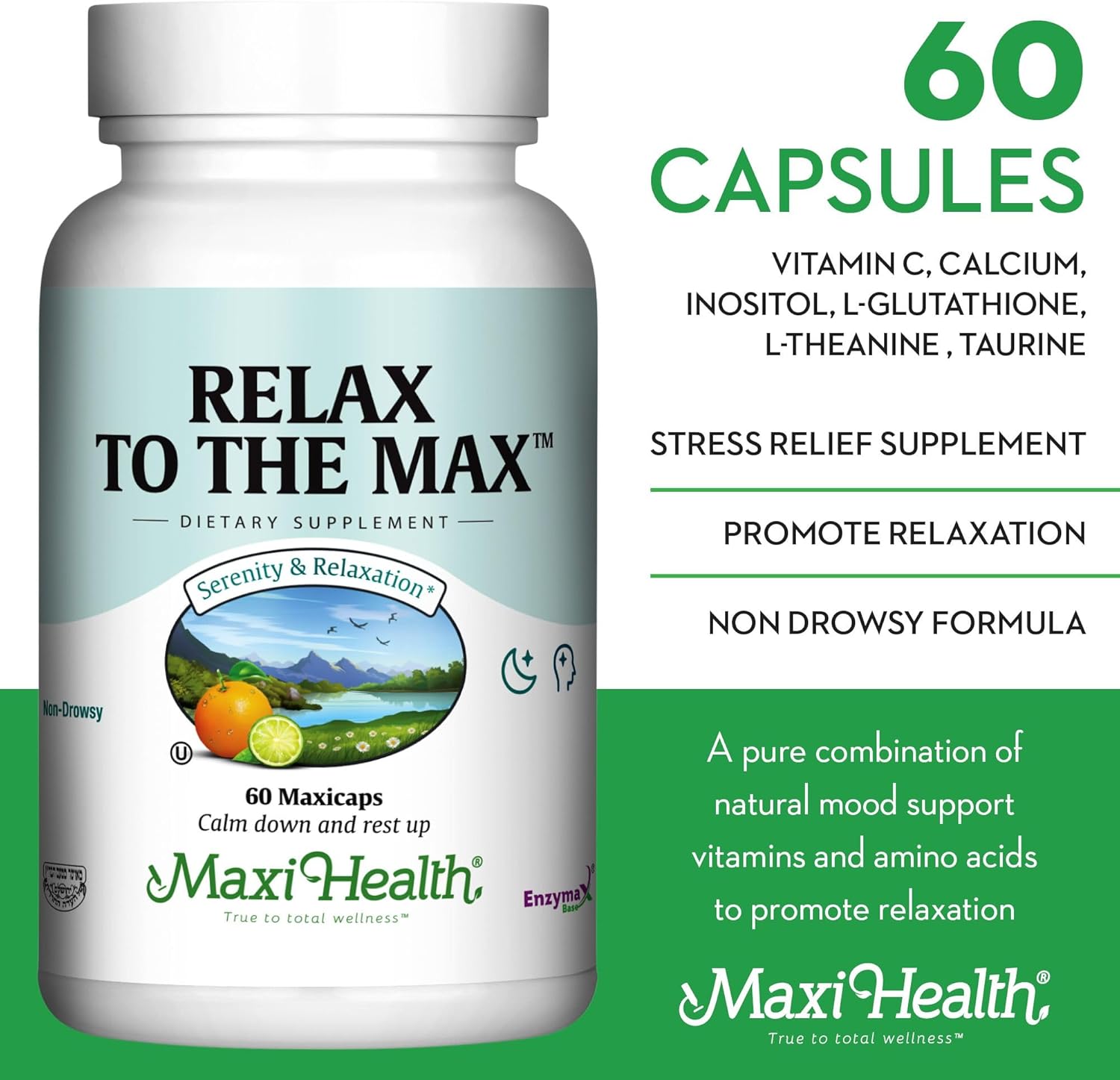 Maxi Health - Relax to The Max Stress Relief Formula (60 Count) Capsules with Vitamin C, Calcium, L-Theanine, L-Taurine & Amino Acids - All Natural Calming & Relaxation Supplements - Image 3