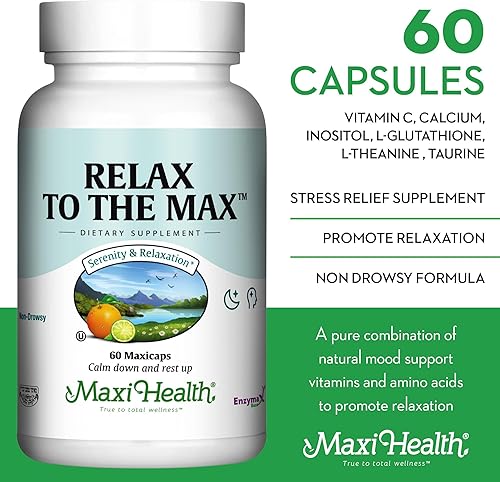 Miniatura 3 de Maxi Health - Relax to The Max Stress Relief Formula (60 unidades) Cápsulas con vitamina C, calcio, L-teanina, L-taurina y aminoácidos - Todos los