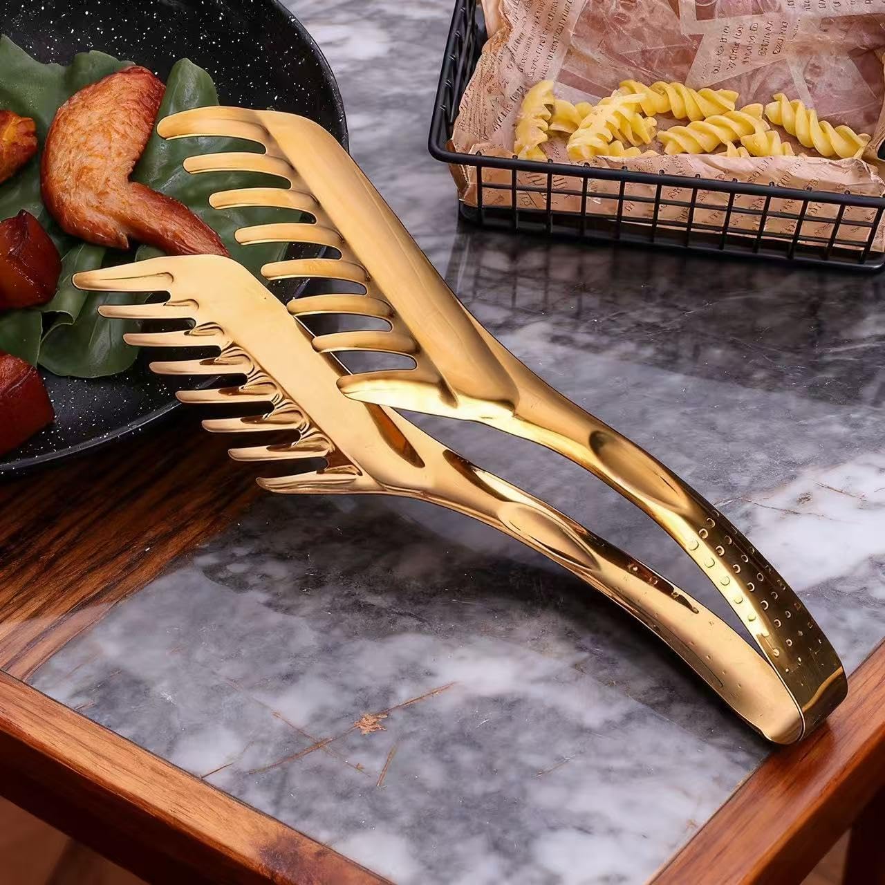 Pasta Tongs,spaghetti tongs,Stainless Steel Kitchen Utensil for Spaghetti, Lasagna, Salad & Sliced Foods, Serrated Tips for Easy Lifting, Secure Grip & Draining (Gold)