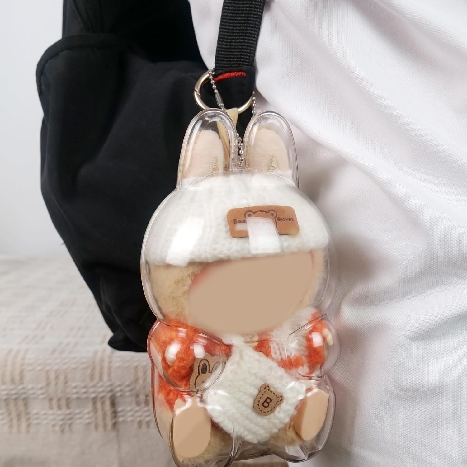 Protective Display Case Compatible LABUBU Doll - Crystal Clear Acrylic Standing Hard Display Box, fits Standard LABUBU Size Secure Backpack Hooks for Outdoor Showcase(Doll Not Included)(Sitting)