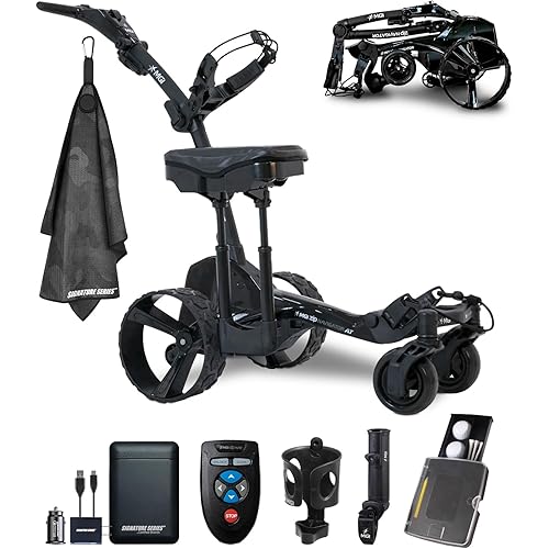 MGI Zip Navigator All Terrain Electric Golf Cart with Seat Attachment | Full Directional Remote Controlled Motorized Golf Push Cart with Accessories and Signature Series Golf Towel | Plays 36 Holes