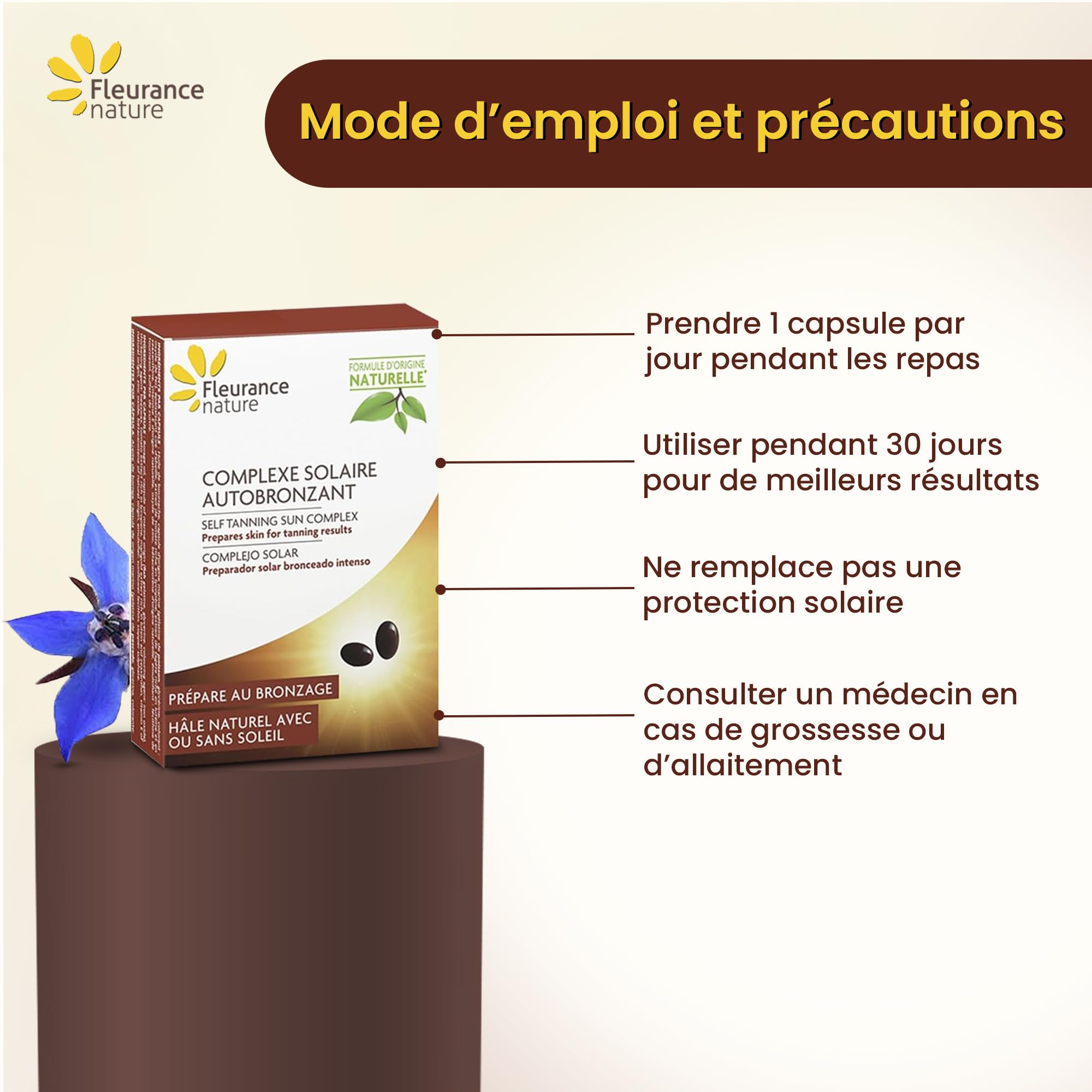 Fleurance Nature - Complexe Solaire Autobronzant Teint Hâlé Lumineux et Préparation Peau - Complément Alimentaire Antioxydant à l'Huile de Bourrache - Format 2 Mois