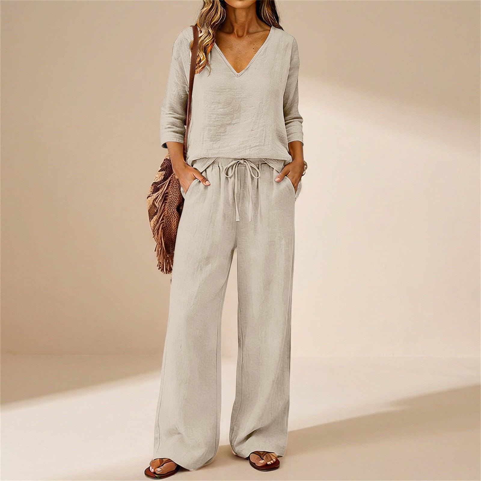 Zweiteiler Damen Sommer Shirt 3/4 Arm Sommerhose Leicht 2 Teiler Hosenanzug Elegant Outfits Jogginganzug Freizeitanzug Lounge Set Baumwolle Strand Hose Und Oberteil Trainingsanzug