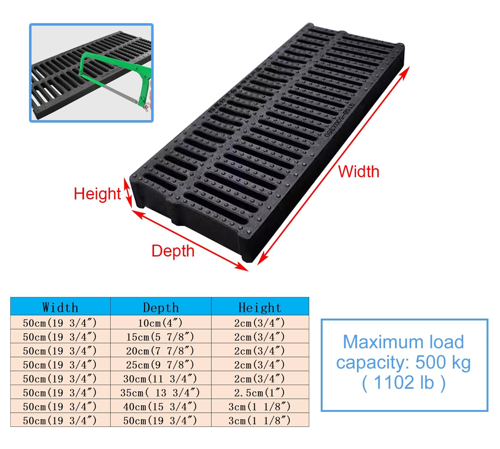 Cubiertas para Desagües Rejilla de Plástico Polímero Resistente para Desagüe de Canal Exterior, Cubierta para Desagüe Exterior Negra para Patio, Carretera, Parque Y Sótano/50X35X2.5Cm/19 3/4"X1