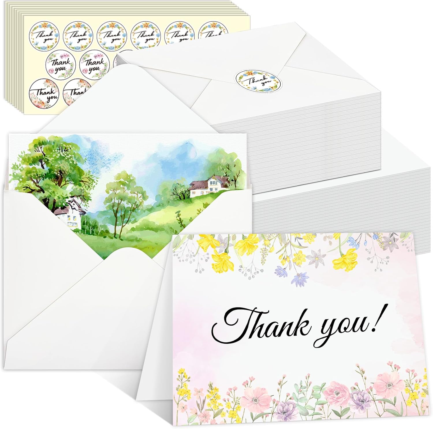 UZLU 150 Sets Watercolor Cards with Envelopes and Stickers, 4x6 Inches Watercolor Paper Cards, 140lb/300GSM Foldable Watercolor Postcards with Envelopes for Birthday Mother's Day Wedding Gifts Card