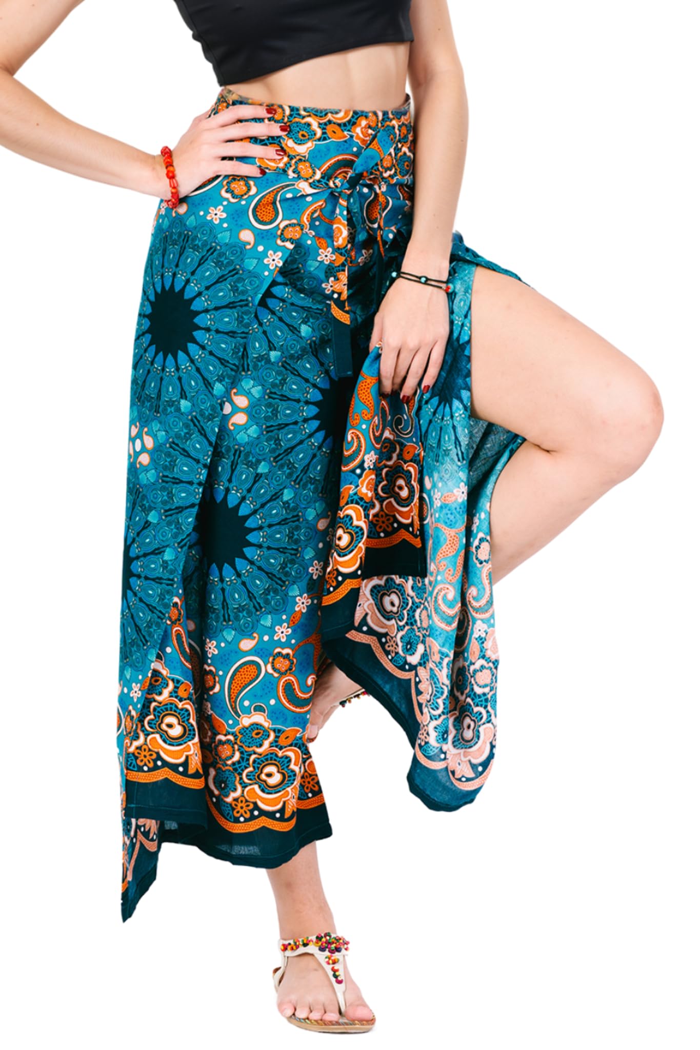 Your Cozy Women's Turquoise Peacock Tail ’S Boho Palazzo Pants – Wide Leg Harem Pants For Yoga, Lounge, Festival, Travel – Lightweight Adjustable Waist Hippie Trousers (Turquoise Peacock Tail)