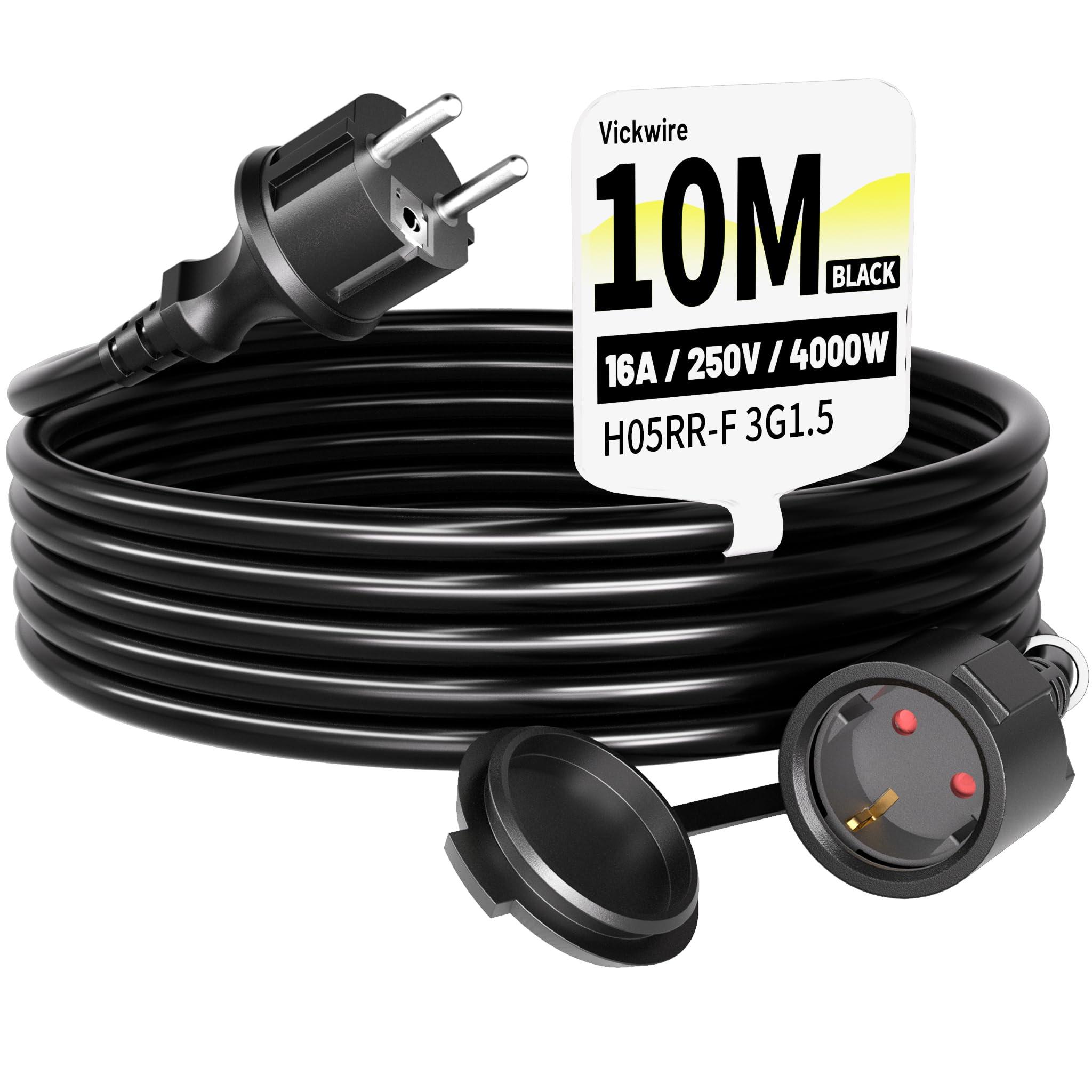 Vickwire Gummi Verlängerungskabel 10m außen Kabel Kabelverlängerungen mit Schutzkontakt Stecker Schuko Verlängerung 16A/250V, Schwarz, H05RR-F 3G1,5 mm²
