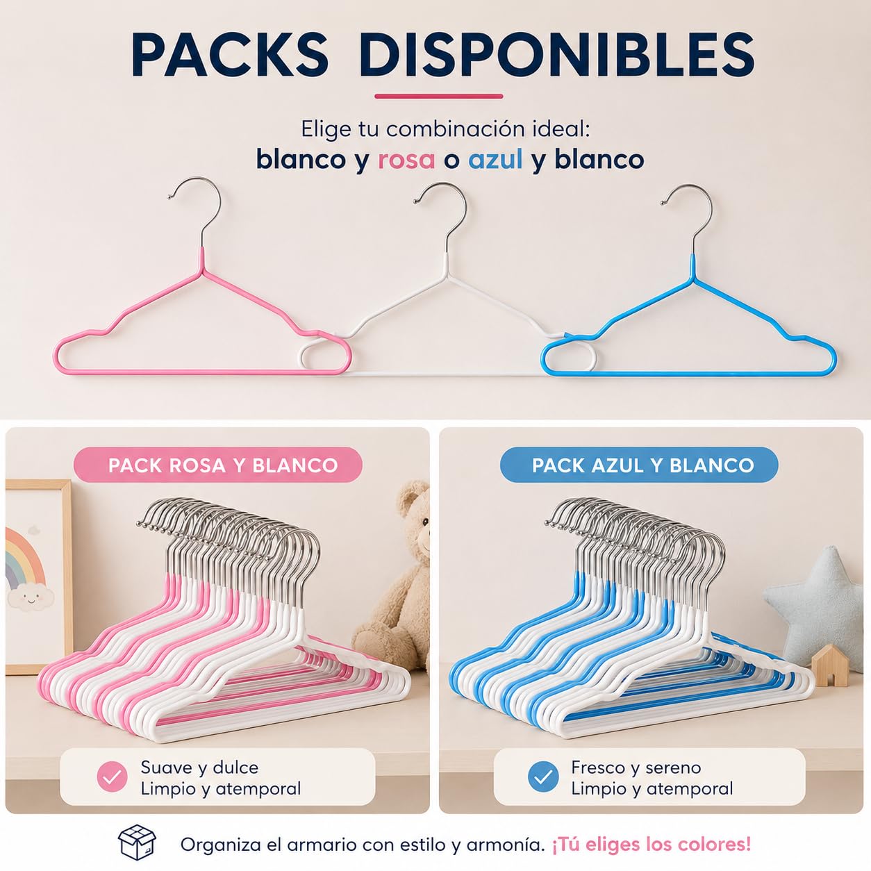 Percha de Plástico Infantil Rosa y Blanca 25 cm Pack 120 COM-FORT HOUSE