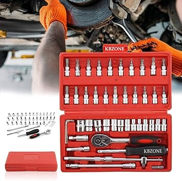 46 In 1 Pcs Tool Kit & Screwdriver and Socket Set,Hand Tool Kit Wrench Set Multi Purpose Combination Tool Case Precision Socket Set, Bike Tool Kit Set All Bike, Car Tool Kit Set (RED)
