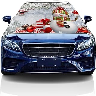 Windshield Cover for Ice and Snow, Car Windshield Snow Cover, Waterproof Snow Protector Covers with Side Mirrors Cover,Xmas Snowman Fir Tree Retro Wooden Board Car Window Covers for Vans Suvs 57"x47"