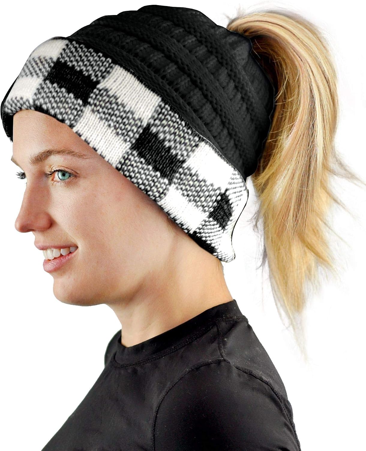 C.C BeanieTail Cable Knit Messy High Bun Ponytail Cuff Beanie Hat