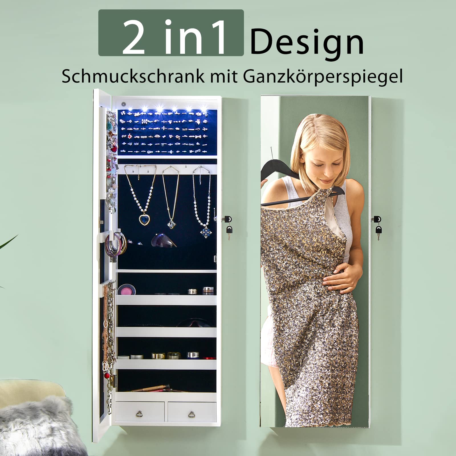 COSTWAY Verspiegelter Schmuckschrank mit 6 LED-Leuchten & 2 Schubladen, Schmuck Hängeschrank abschließbar, Sipegelschrank Schrank Wand- / Türmontage (Weiß)