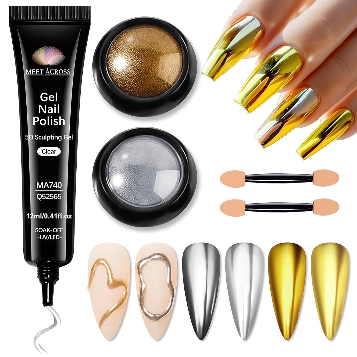 5D Gel Nail Art & Chrome Nail Powder Kit, 12ML Sculpting Gel for Nail Art DIY No wipe 5D Molding and Metallic Golden Silvery Chrome Powder Set for Decoration Manicure Pedicure Use