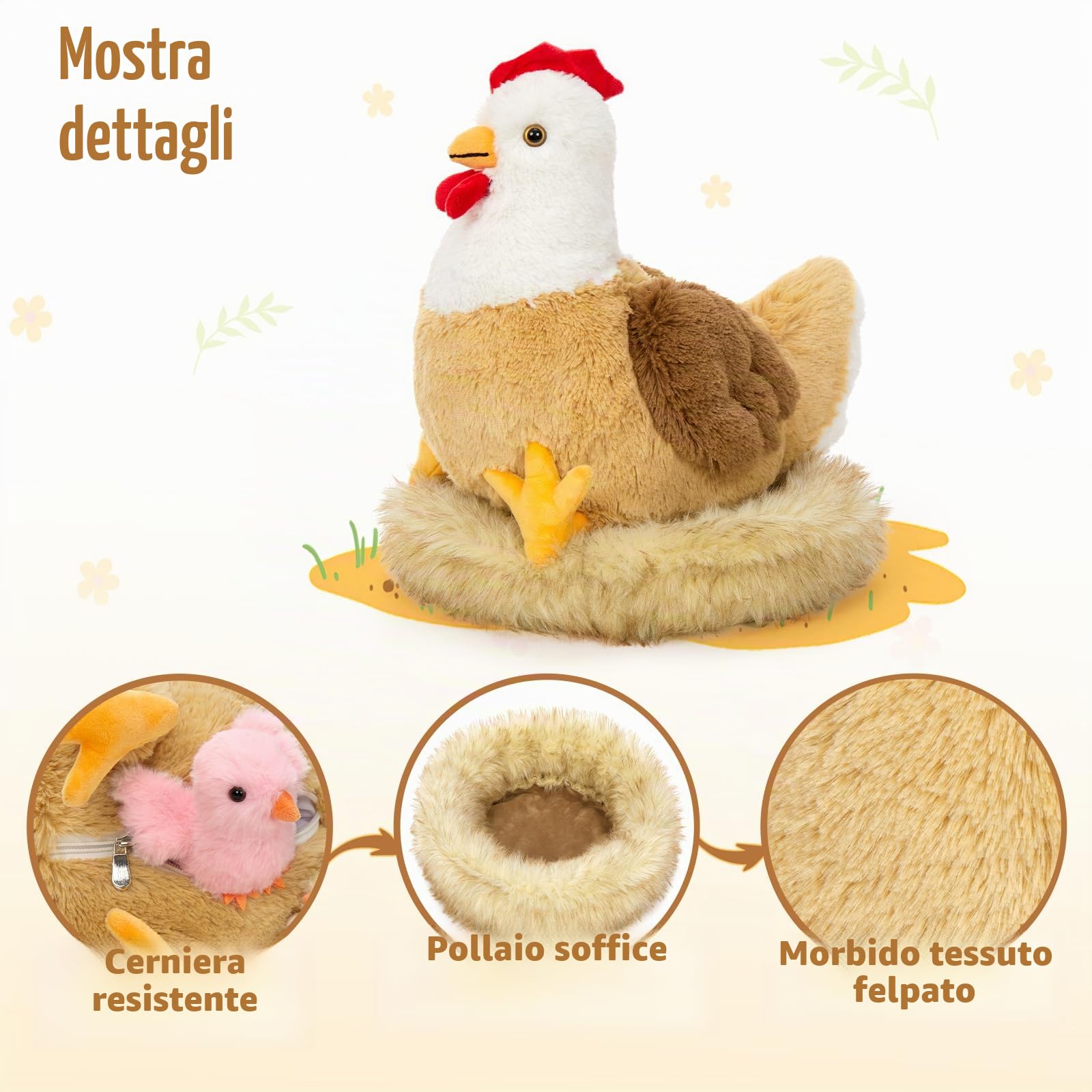 MorisMos Peluche a forma di gallina, 36 cm, con pulcini coccolosi all'interno, peluche a forma di gallina che giace a uova, peluche Kawaii soffice, regalo per bambini, decorazione di compleanno