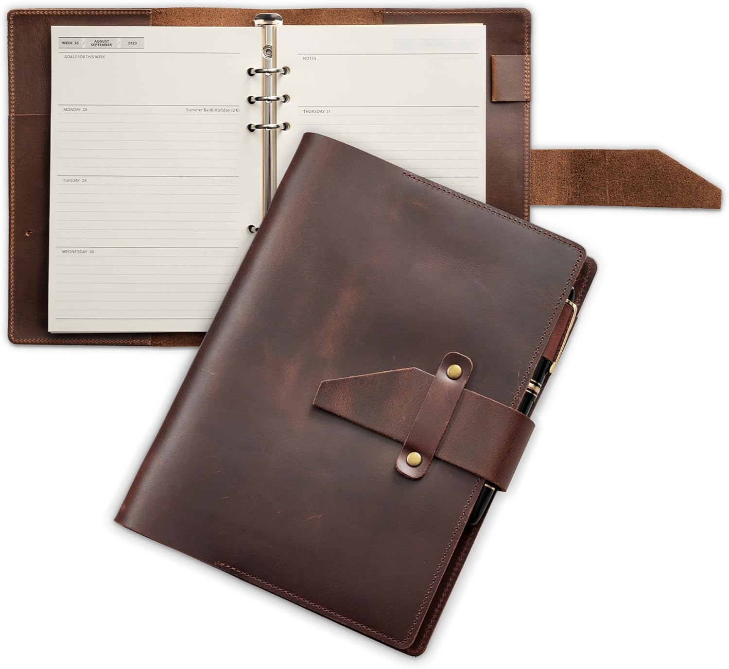 Nekmit Leather Planner 2024-2025, A5 Refillable Runs From July 2024 to Dec 2025 Ring Binder 5″ x 8″ Planner Monthly Weekly, Crazy Horse Leather Cover with Storage Pockets, Back to School Supplies