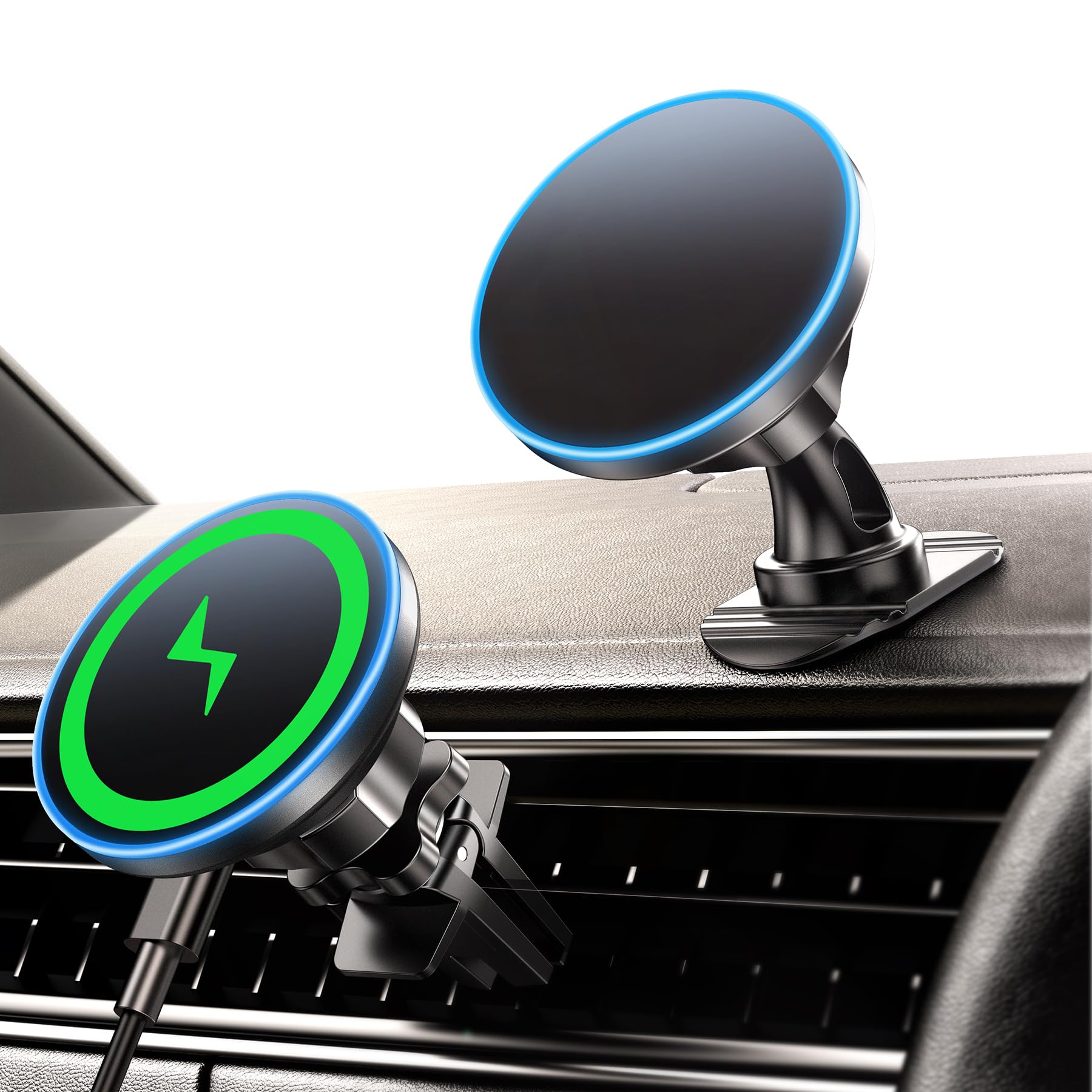 BHHB 15W Soporte Movil Coche Magsafe, 2 en 1 Cargador Inalambrico Coche, Magsafe Accesorios Cargador Inalambrico, Vent/Salpicadero Teléfono Móvil para el iPhone 17 16 15 14 13 12 Series Carga Rápida