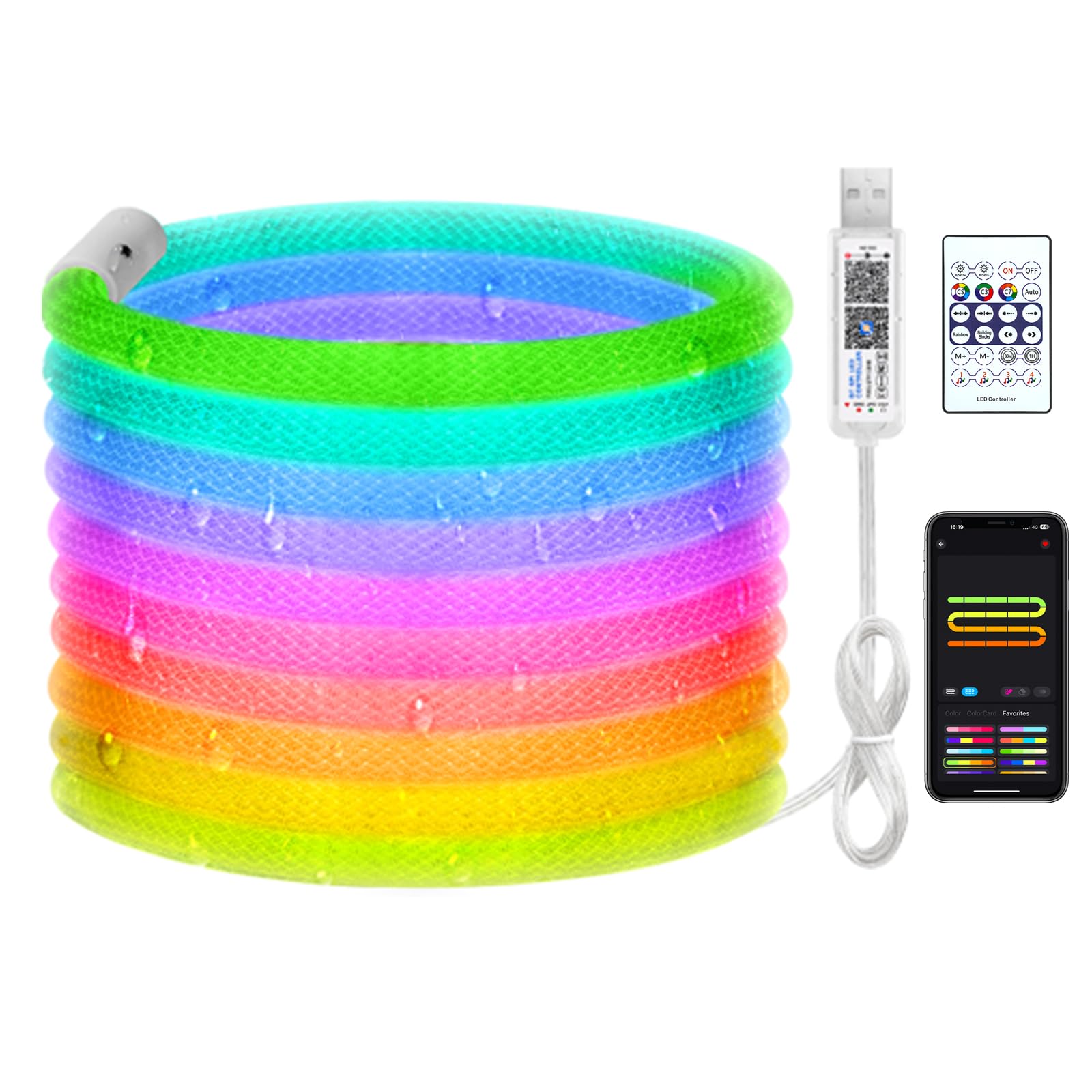 RGB+IC LED Rope Lights,5m/16.4ft 360 Degree Luminous Reticulate Weave Rope Lights,5V USB Powered Flexible Music Sync Remote APP Control for Gaming Room Living Bedroom Wall Indoor Outdoor Décor