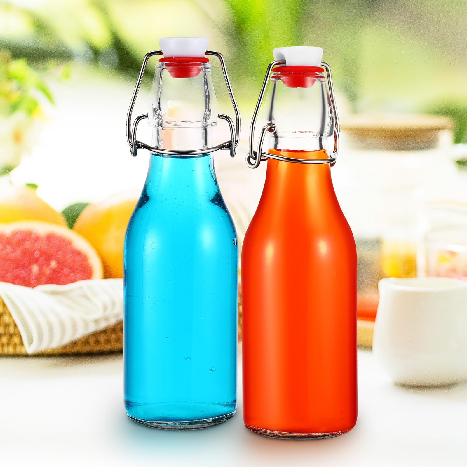 TOYANDONA Juego de 6 Botellas de Vidrio con Tapa Abatible y Hebilla Antifugas, Capacidad 250ml, con Cepillo para Limpieza, Adecuado para Picnic y Barbacoas en Jardín