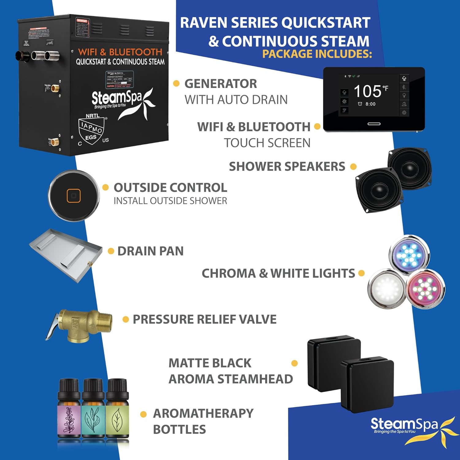 SteamSpa Steam System 12kW Steam Shower Generator with Bluetooth Wifi, Quickstart Continous Steam, Advanced Touch Pad Screen, Chroma Lights, Drain Pan and Auto Drain Black RVBS1200BK-A