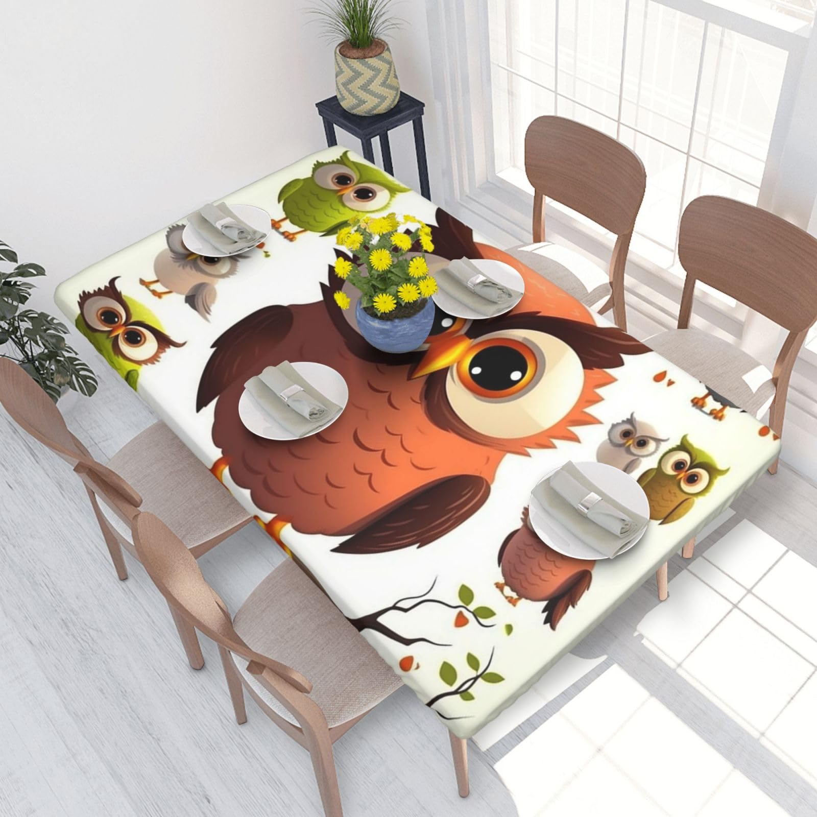 Cartoon Owl Waterproof Square Table Cover Elastic Fitted Tablecloth Oil Proof Table Protector For 4ft Table