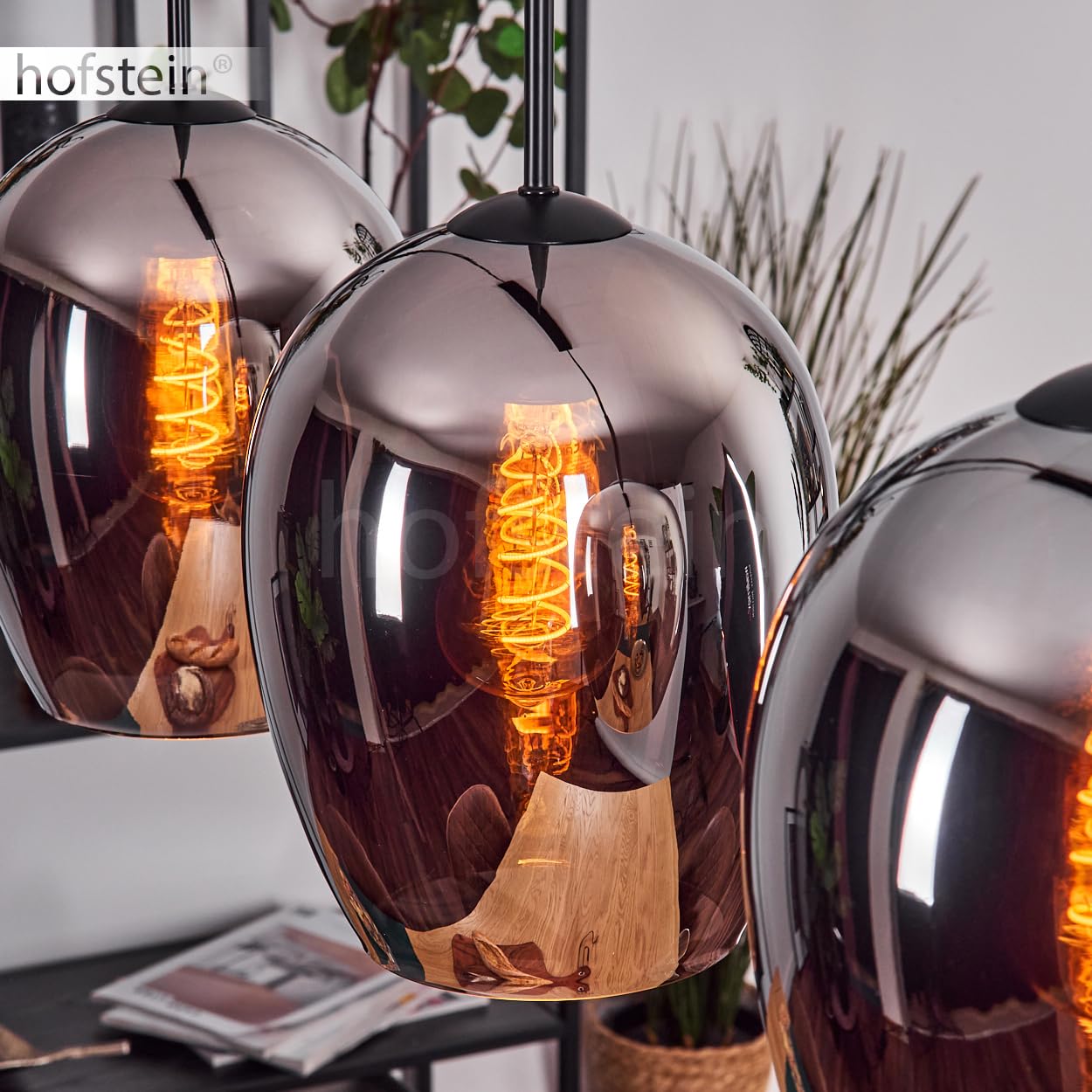Pendelleuchte Vevino, Pendellampe aus Metall/Glas in Schwarz/Chromfarben, Leuchte im modernen Retro/Vintage-Design mit Schirmen aus Glas (Ø 20 cm), Höhe max. 132 cm, 3 x E27, ohne Leuchtmittel