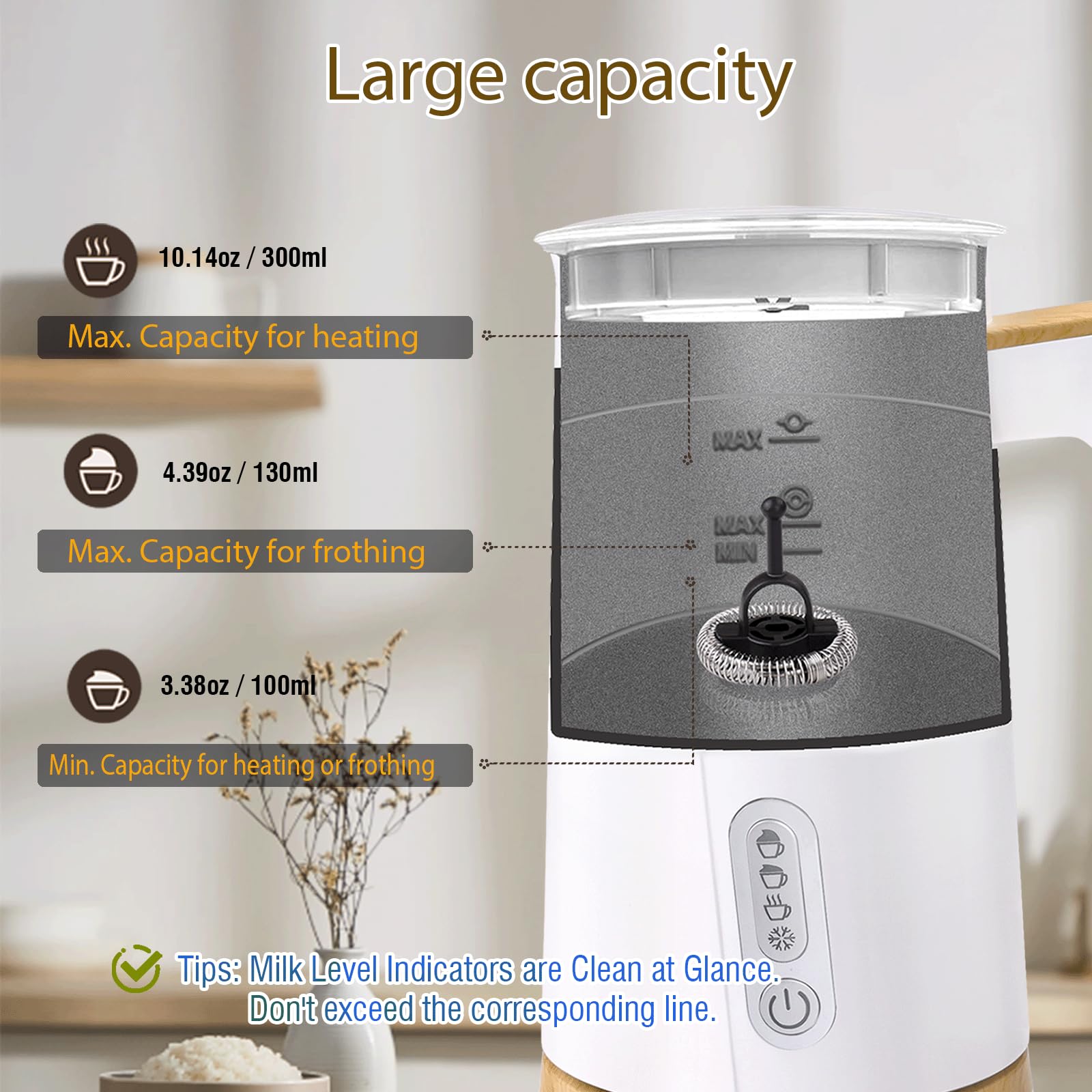 Elektryczny spieniacz do mleka i parowar 4 w 1 z elementami drewnianymi, automatyczny zaparzacz do gorącej i zimnej pianki do latte, cappuccino, macchiato, podgrzewacza do mleka, czarny (biały)