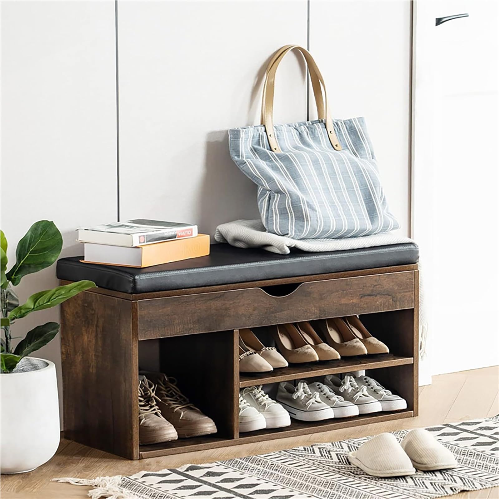 Banc de rangement marron avec coussin meuble chaussure bois entrée salon