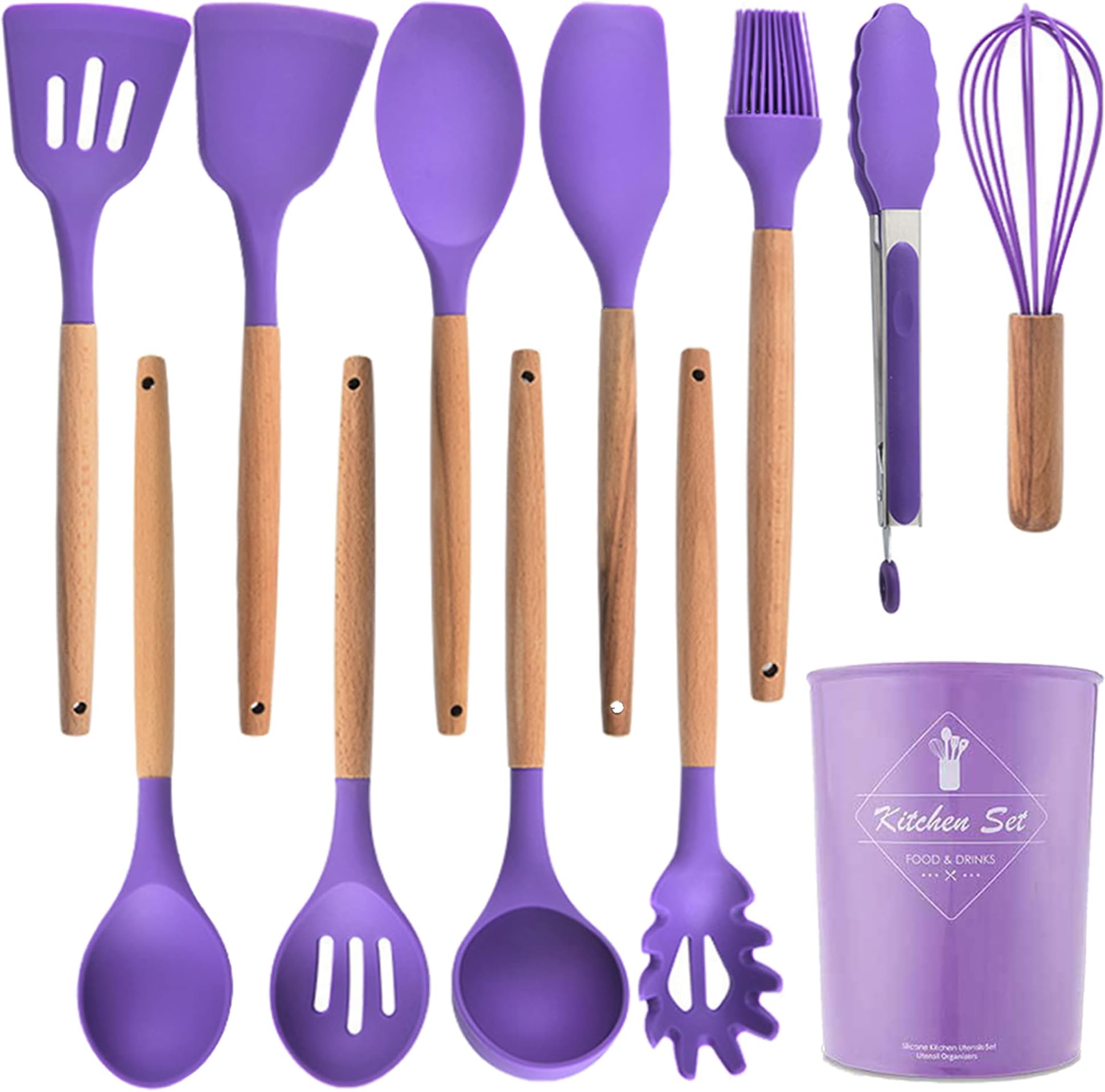 Kitchen Silicone Cookware Set, 12-piece Non-stick Cookware, Heat-resistant, BPA-free, Cooking Tools, Stirring Kitchen Tool Set (Purple)