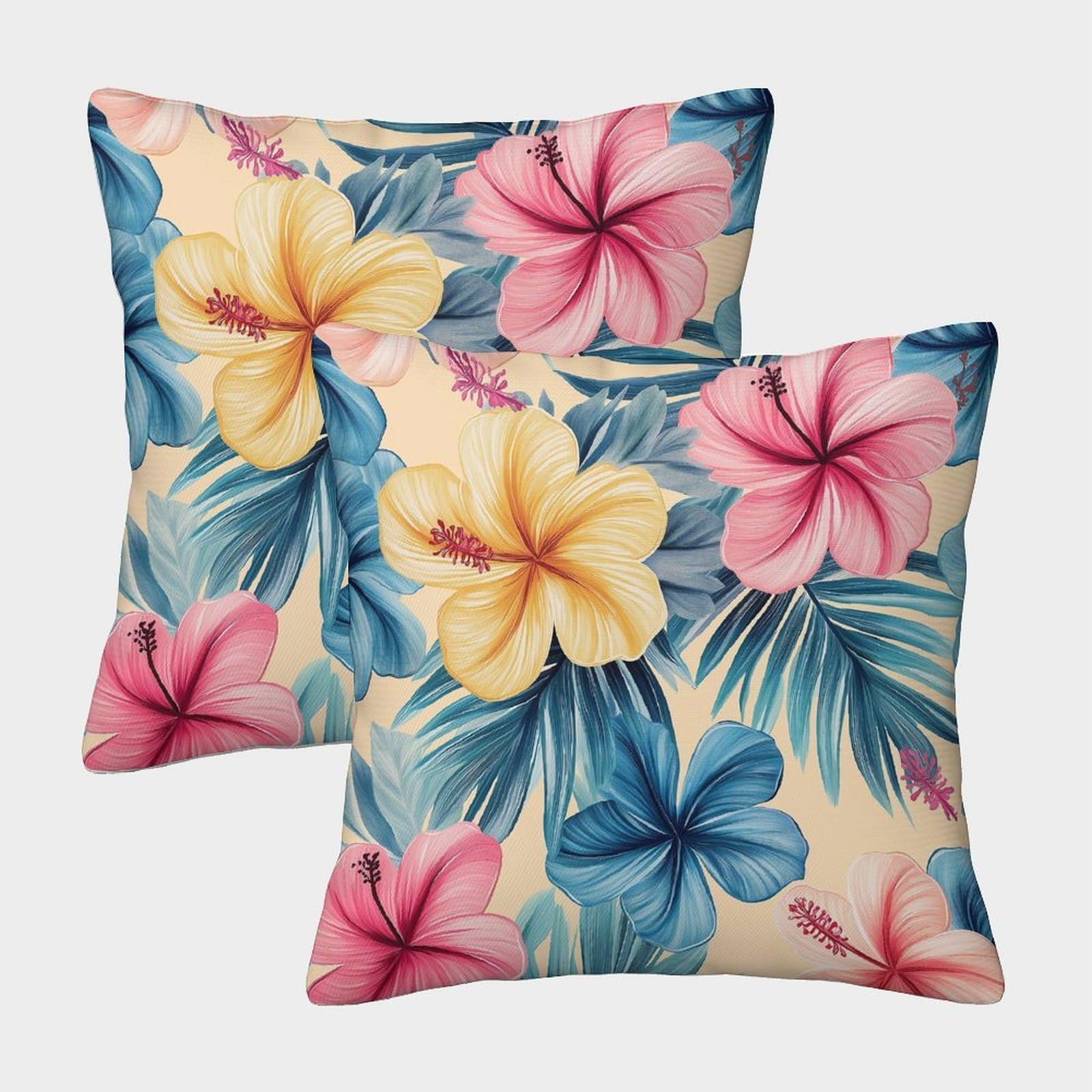 kaiyun 2 Pack Hibiscus And Palm Flowers 3D Image Printed Single-sided Cushion Cover 45x45cm