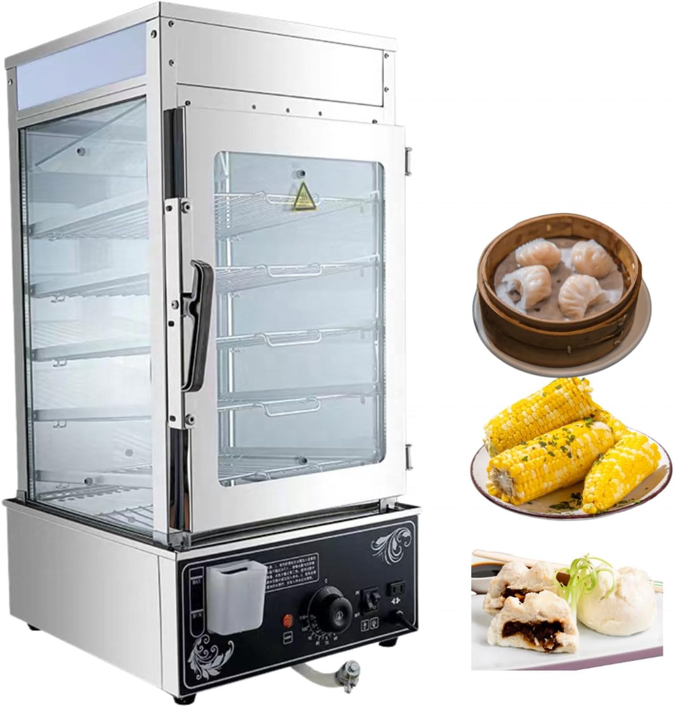 5-Tier Food Steamer, 1.2KW Bun Steamer Electric Food Display, 86℉~230℉ Temperature Control, Stainless Steel Steamed Buns Warmer with LED