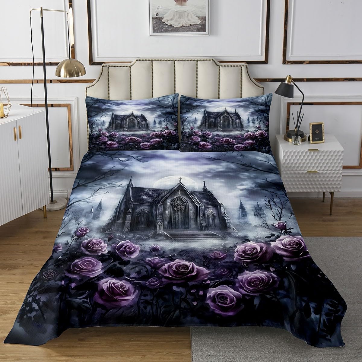 Homewish Halloween Tagesdecke,Kinder Teen Erwachsene Vintage Castle Gothic Buildling Steppdecke 220x240cm Lila Romantische Rose Kinder Tagesdecken Dschungelblumen Steppdecken raumdekor 2 Kissenbezüge