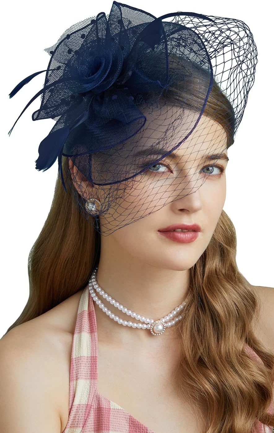 Fascinators Hats 20s 50s Hat Pillbox Hat Cocktail Tea Party Headwear with Veil for Girls and Women(D-Navy)