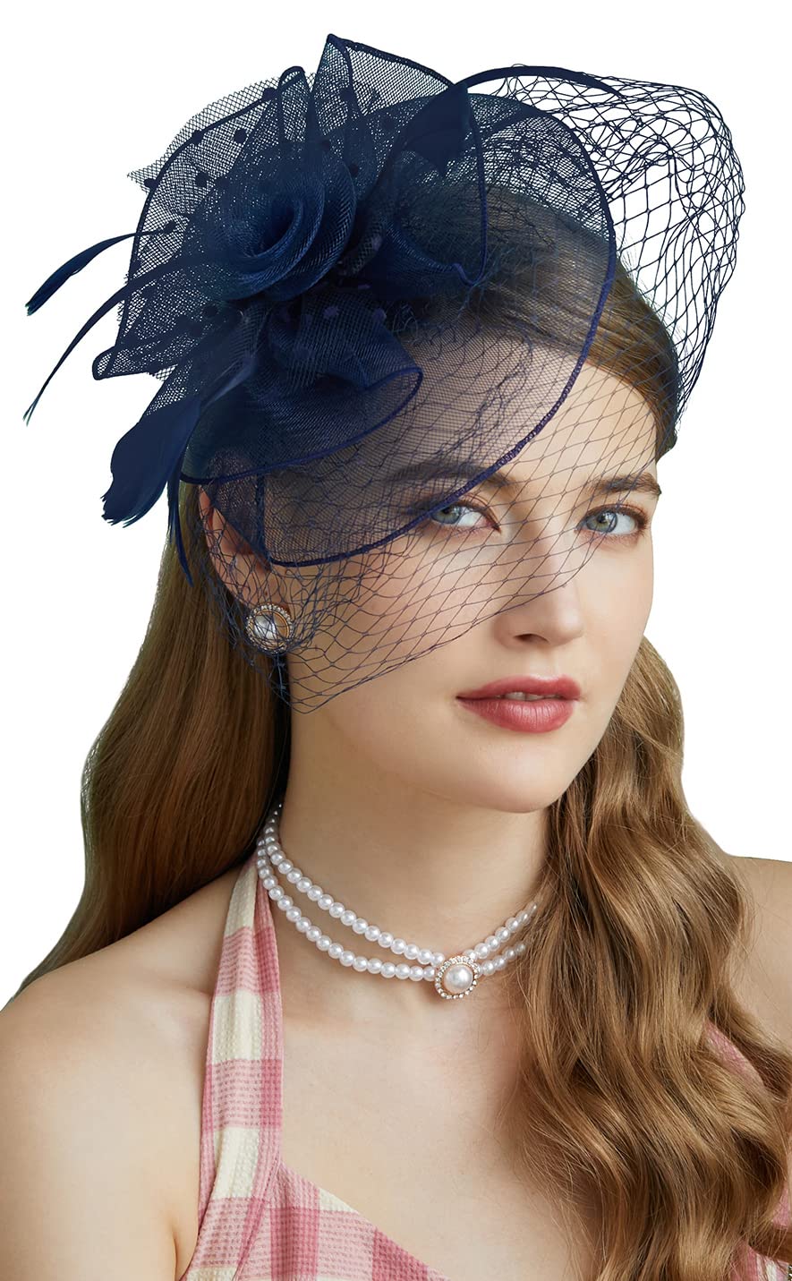 CizoeFascinators Hats 20s 50s Hat Pillbox Hat Cocktail Tea Party Headwear with Veil for Girls and Women(D-Navy)
