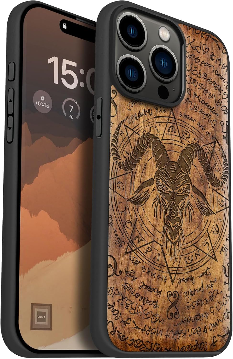 Carveit Magnetic Wooden Case for iPhone 15 Pro Max Case, Compatible with MagSafe Wireless Chargers, Black Soft TPU Shockproof Cover & Wood Artisan Engraved (Horned Goat) - Walnut