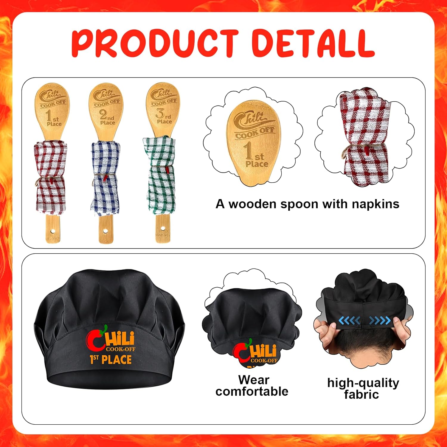 12 Pcs Chili Cook Off Chef Prizes Set Chili Fiesta Trophy Cook Off Prizes Awards Include Cooking Aprons Chef Hat Medal Spoons for Chili Festivals Trophies Kitchen Men Women Award Ceremony