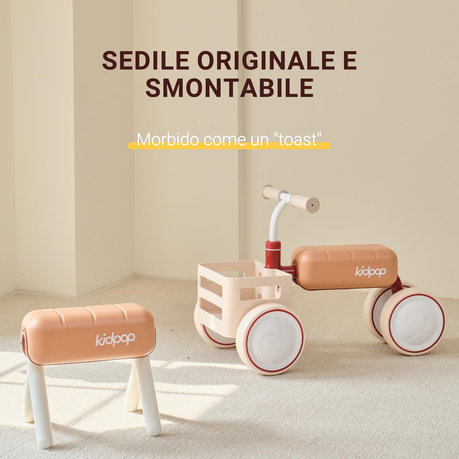 kidpop Toast Balance Bike/Passeggino per Bambini, Veicolo Convertibile, Telaio a Triplo Anti-Ribaltamento, Sedile Rimovibile, Cestino Sicuro per Alimenti