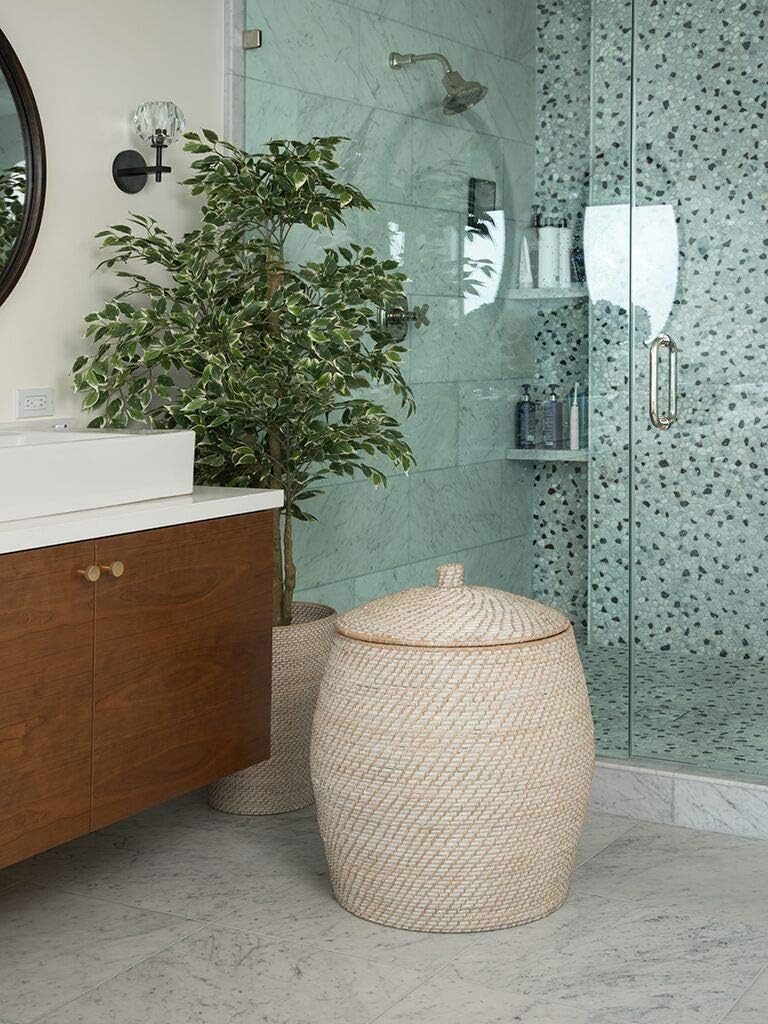 KOUBOO Laguna Rattan Beehive Hamper, Removable Cotton Liner, Laundry Hamper, Bathroom, Bedroom, Kids Room, Nursery, Hamper with Lid, Home Essentials, White Wash