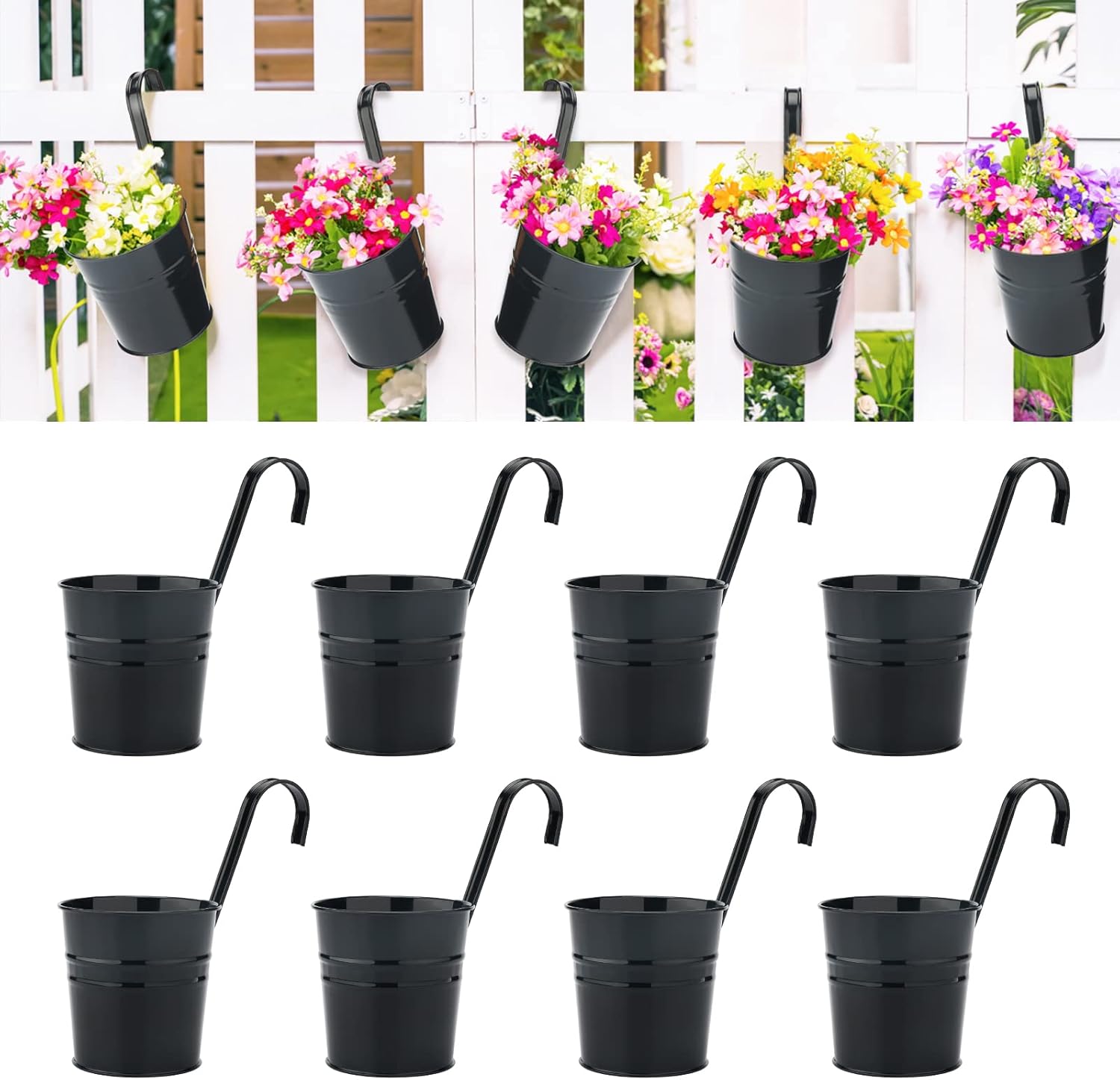 KINGLAKE Flower Pots,10 Pcs Metal Iron Hanging Flower Plant Pot Balcony Garden Plant Planter Baskets Fence Bucket Pots 6.3'' Flower Holders with Detachable Hook