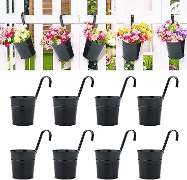 KINGLAKE Flower Pots,10 Pcs Metal Iron Hanging Flower Plant Pots Balcony Garden Plant Planter Baskets Fence Bucket Pot 4'' Flower Holders with Detachable Hook Black