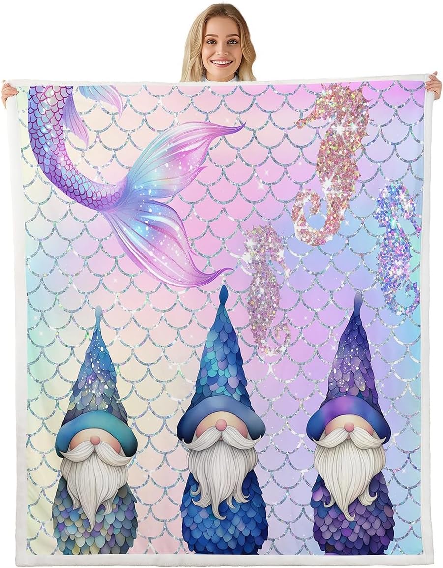 Funny Gnome Blanket Queen 90x90 Happy Camping Theme Blanket for Kids Teens Boys Girls Cartoon Bonfire Tent Sherpa Blanket Fantasy Fairy Tale Bed Blanket Sofa Bed Couch Decor