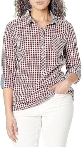 Tommy Hilfiger Blusa de manga larga para mujer, estilo casual, a cuadros, con lengüetas enrollables