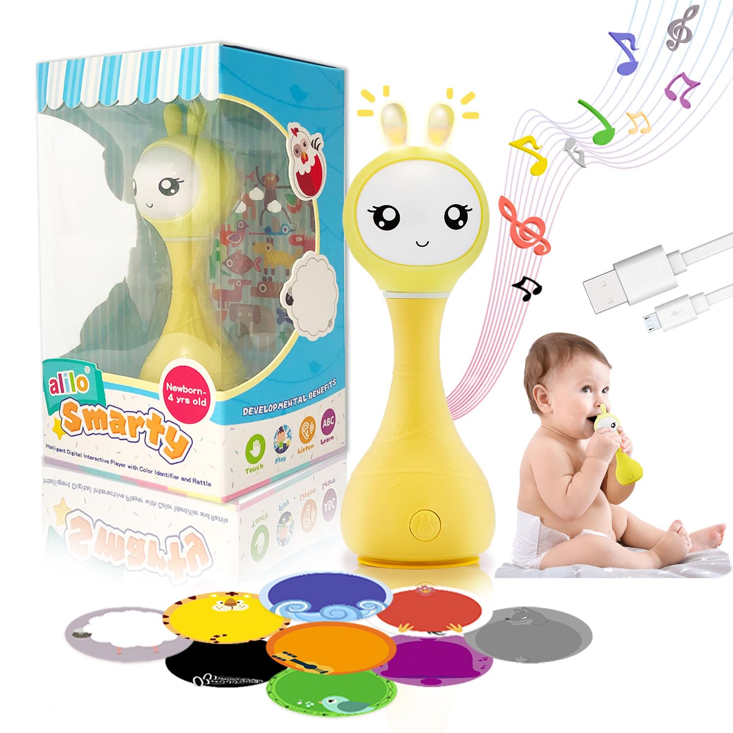 aliloSmarty Baby Audio Player - Toy with Chewable Teether Ears & Colorful Lights - Plays Educational Sounds Stories & White Noise for 0-24 Months Kids - Perfect Baby Gift for Early Learning | Yellow