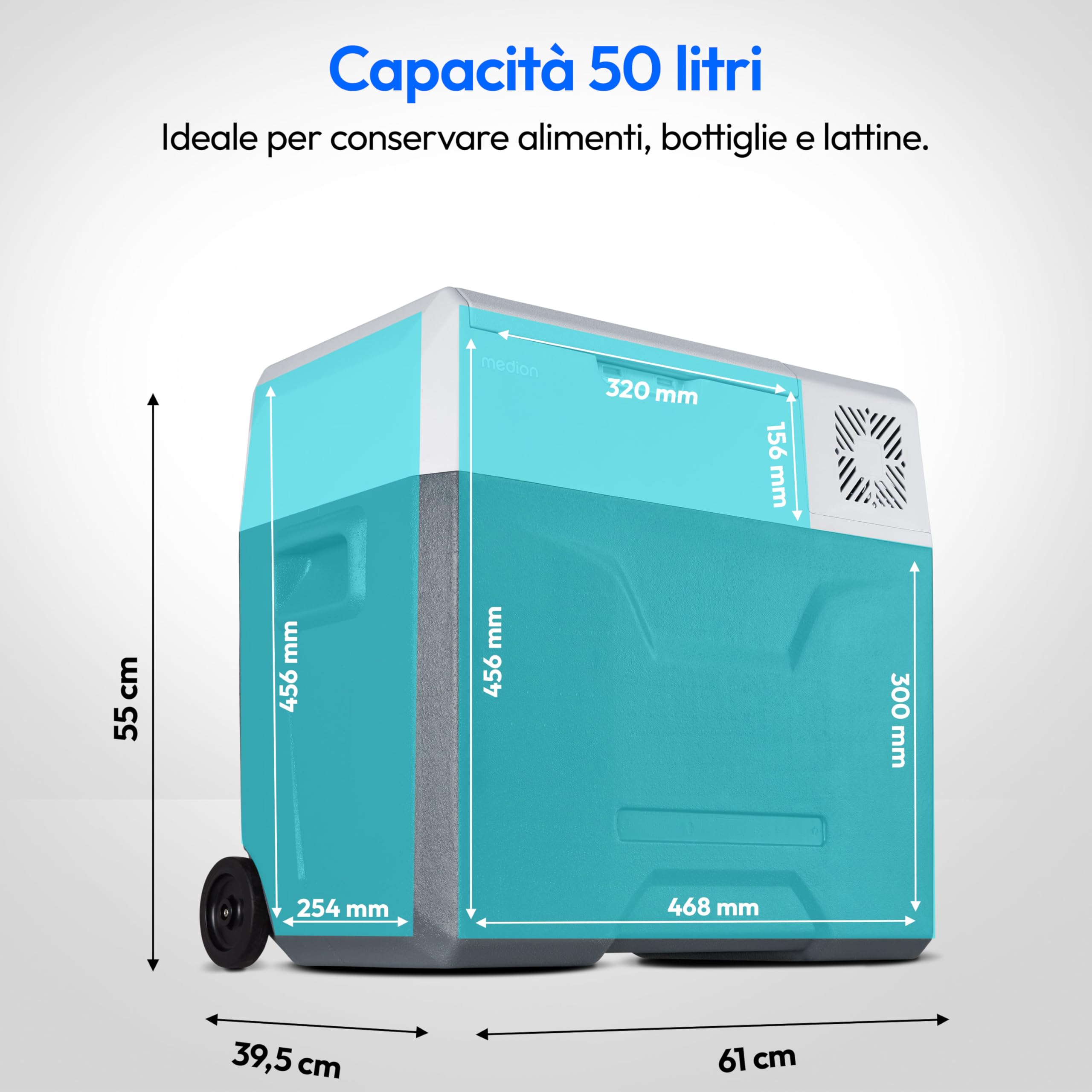 MEDION Frigo portatile con compressore (elettrico, 47 litri di spazio, 60 watt, da -20 °C a 20 °C, display a LED, USB, adattatore da 230 V a 12 V a 24 V per auto, camion, camper, campeggio MD13112)