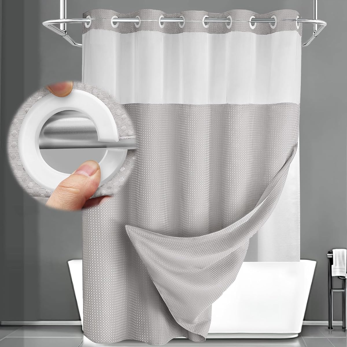 No Hook Shower Curtain with Liner Set Hotel Waffle Light Grey 72W X 75L | Washable Snap in Fabric Liner, Mesh Top Window, Waffle Hotel Style Shower Curtain Set