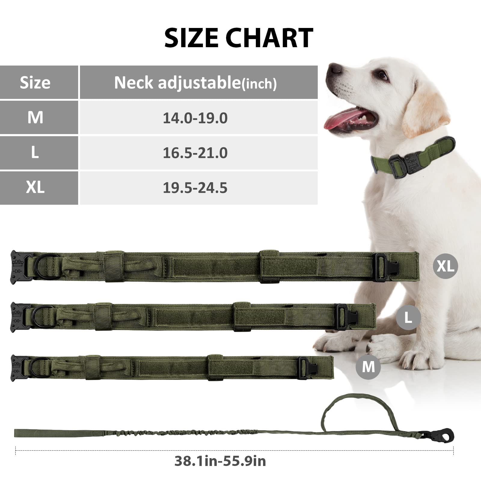 Tactical Dog Collar and Leash Set Heavy Duty Military Dog Collar with Handle and Metal Buckle for Medium and Large Dogs (Army Green, L)