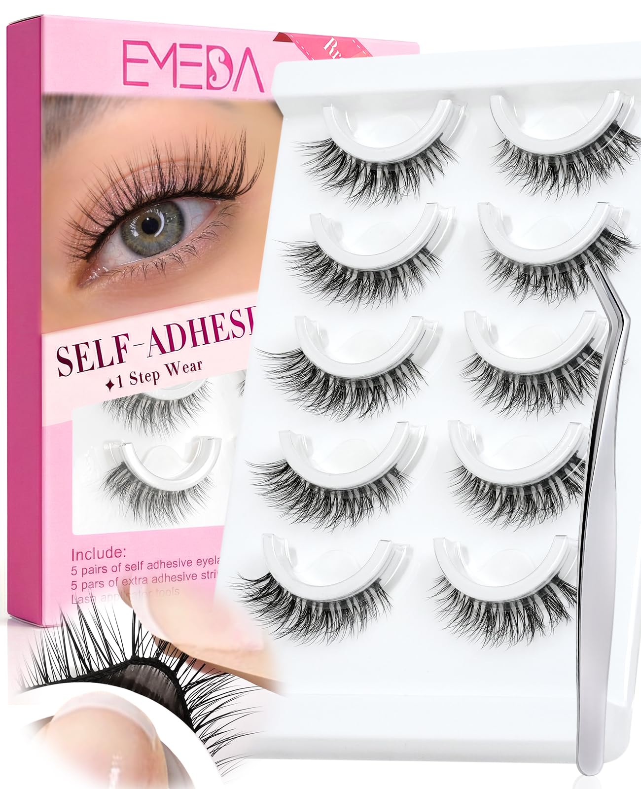 Self Adhesive Eyelashes Preglued Glueless - Natural Look No Glue Eyelashes 3D 14mm Natural Cat Eye Waterproof Glueless No Glue Needed Reusable Stick on False Strip Lashes by EMEDA (6D28 with Tweezers)