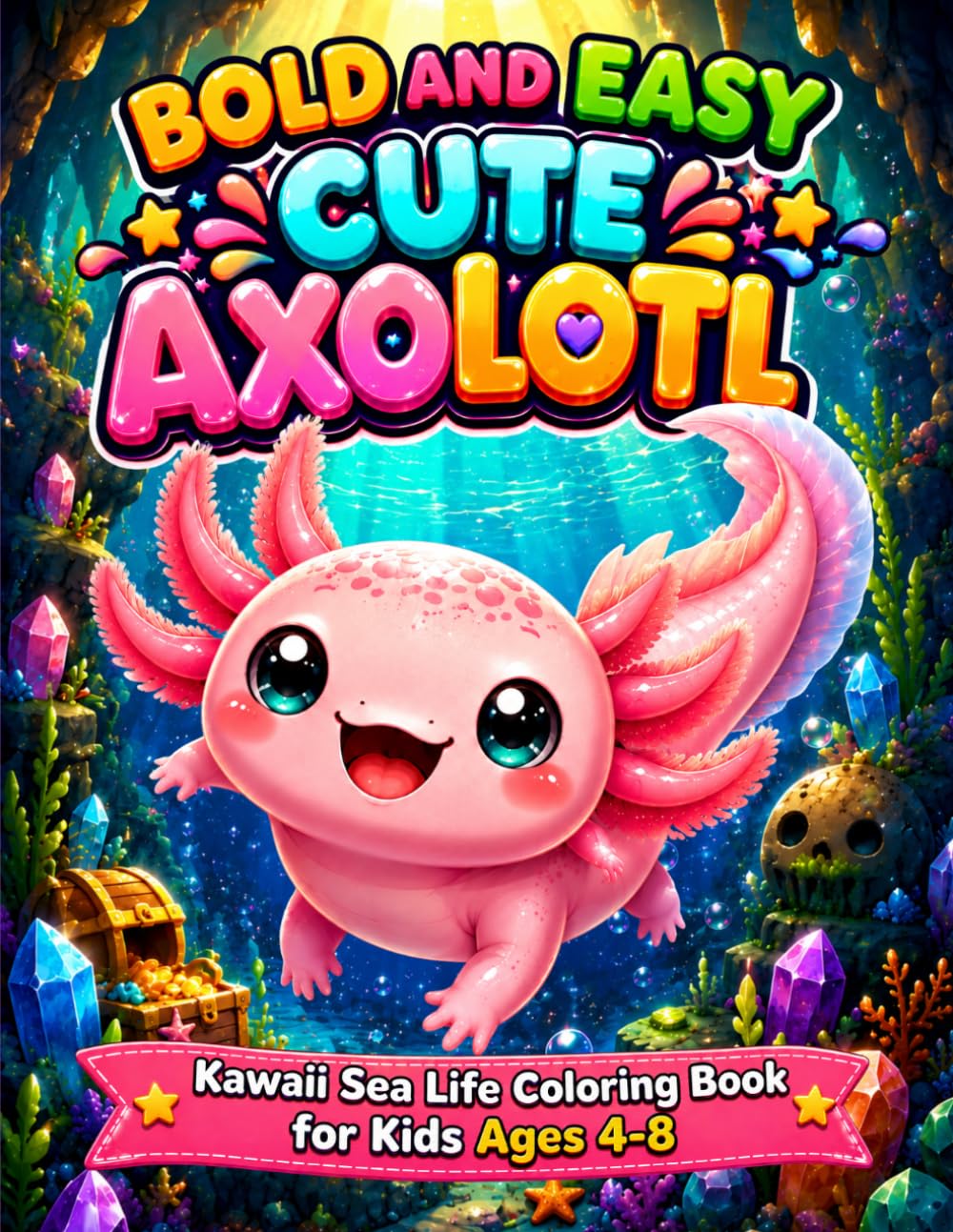 Bold and Easy Cute Axolotls: Kawaii Sea Life Coloring Book for Kids Ages 4-8